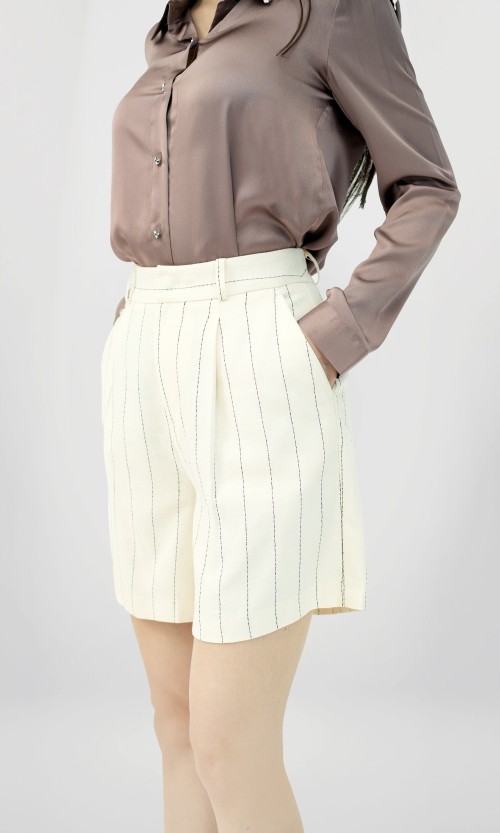 SIXDO Beige Stripe Linen Shorts